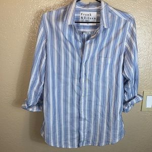 Frank & Eileen large button up collared blue and white striped shirt